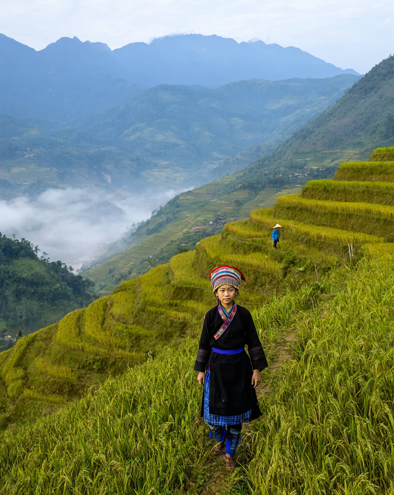 Rice terraces and a Hmong woman in traditional dress in Sa Pa, Northern Vietnam