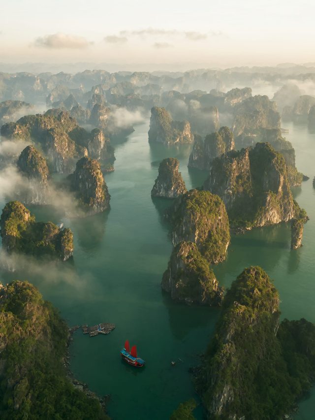 Aerial view of Ha Long Bay limestone karsts