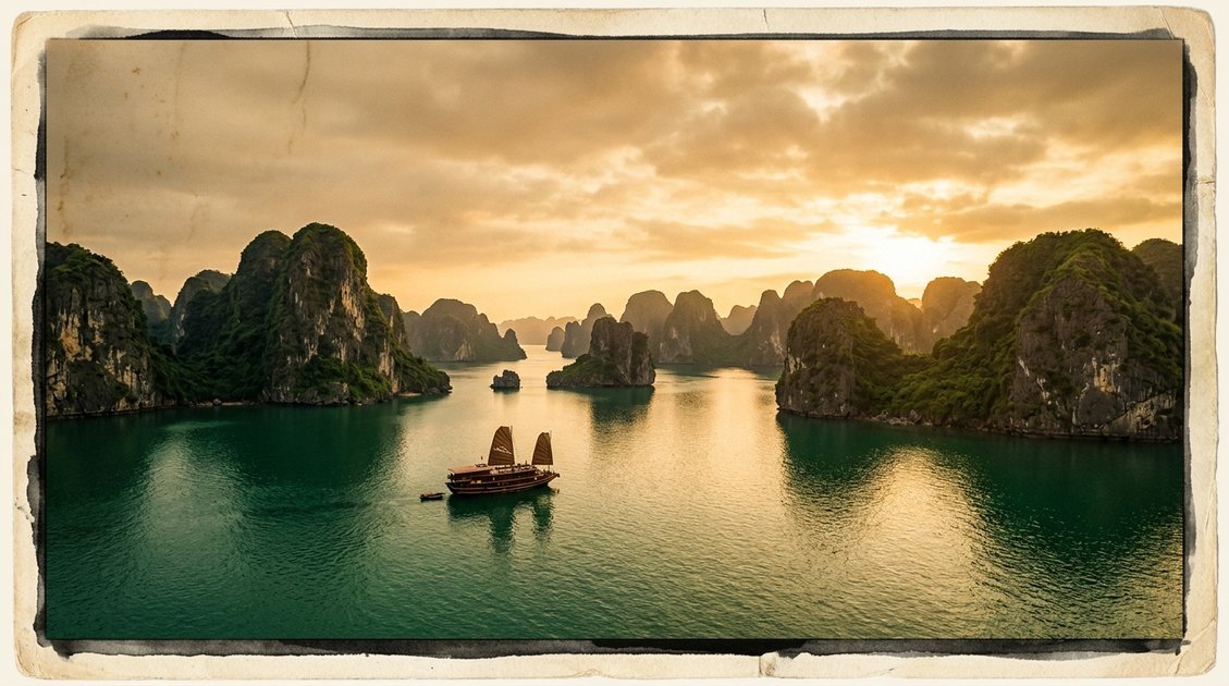 Ha Long Bay emerald water and limestone karsts with traditional junk boat