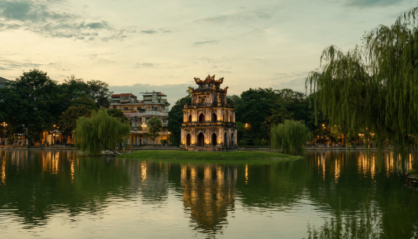 Hoan Kiem Lake Turtle Tower twilight in Hanoi Vietnam